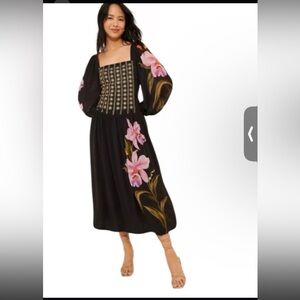 FARM Rio Black Midi Dress with Pink Floral Print